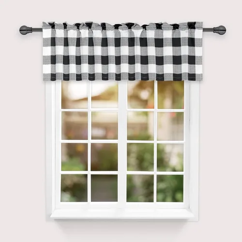 Vista 14 de Simple Deluxe 2 cortinas de cocina a cuadros de búfalo, cortinas cortas a cuadros para ventanas de media cafetería, 26 pulgadas de ancho x 36 Negro