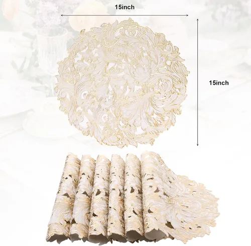 Vista 6 de Juego de 6 manteles individuales redondos dorados, manteles individuales de vinilo prensado floral lavable para mesa de comedor, boda, decoración