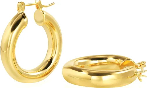 Vista 45 de Aretes de aro gruesos de oro para mujer, chapados en oro de 14 quilates, aretes de aro triple, hipoalergénicos, a la moda, aretes de aro gruesos