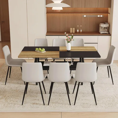 Vista 17 de Juego de mesa de comedor de 71 pulgadas para 6 personas con estante de almacenamiento, juego de mesa de comedor rectangular industrial moderna
