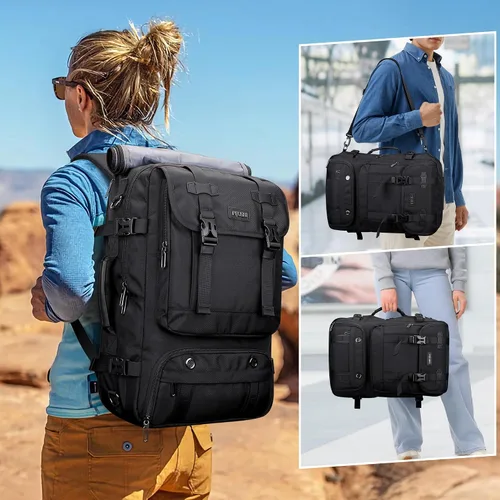 Vista 2 de PIJUSHI Mochila de viaje para mujeres y hombres, mochila de equipaje de mano, aprobada por vuelo, bolsa de lona convertible para laptop de 16 Negro