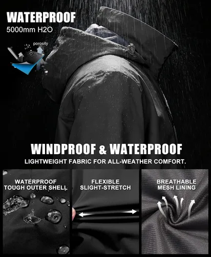 Vista 4 de Little Donkey Andy Chaqueta impermeable para hombre, ligera, cortavientos con capucha, impermeable, plegable, para senderismo al aire libre A1 Negro