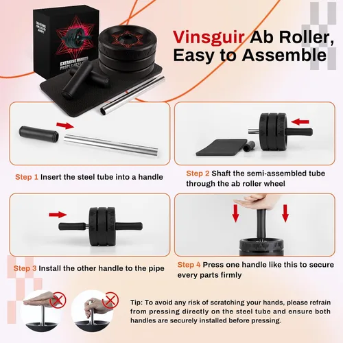 Vista 9 de VINSGUIR Rueda de rodillo abdominal, abdominales y equipo de entrenamiento para gimnasio en casa con accesorios para rodilleras, rueda abdominal