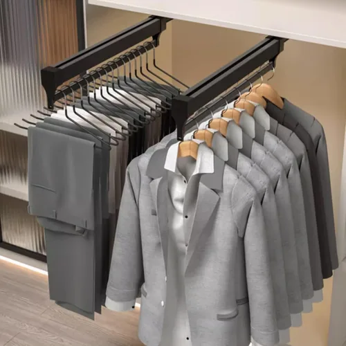 Vista 7 de Barra de valet deslizante retráctil, Rodamiento de 55.1 lbs Barra de armario extraíble, Estante organizador de pantalones de aleación de aluminio