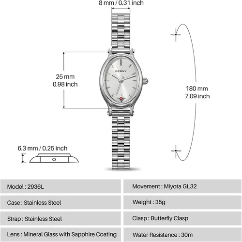 Vista 6 de BERNY Relojes de plata para mujer, delicado reloj de pulsera para mujer, reloj de pulsera pequeño impermeable 3ATM, reloj de cuarzo analógico