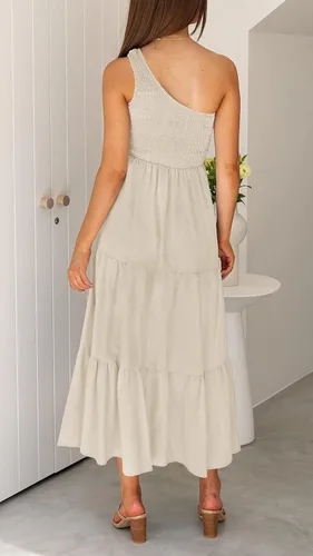 Vista 4 de ZCSIA - Vestido de verano bohemio para mujer, con un hombro descubierto, sin mangas, unicolor, largo debajo de la rodilla y con holanes escalonados