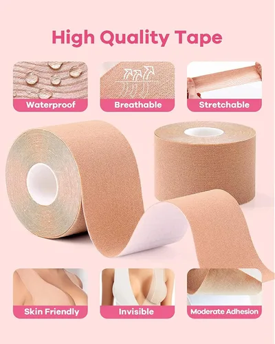 Vista 4 de FUZZY - Cinta adhesiva para levantamiento de senos, cinta de brasier, cinta corporal, cinta de pecho con 1 par de fundas de silicona suave