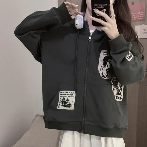 Vista 5 de Y2K - Sudadera con capucha para mujer, diseño de retazos grunge, con cremallera, Acubi Emo de gran tamaño, gótico, ropa Alt