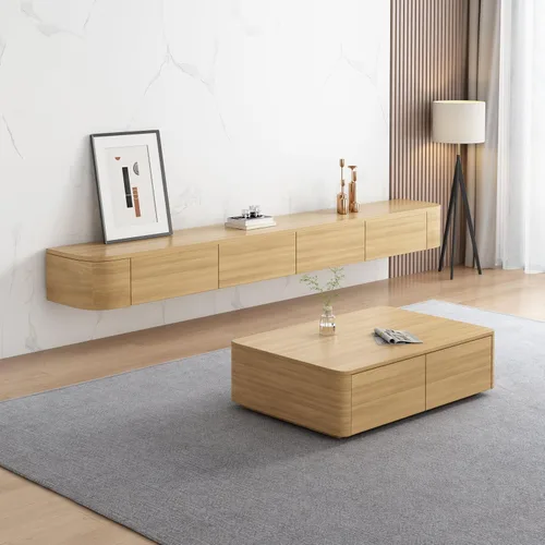 Vista 13 de Consola flotante de TV para montaje en pared, gran unidad negra con cajones de almacenamiento y soporte de enrutador, 94.5 x 7.9 x 9.4 in