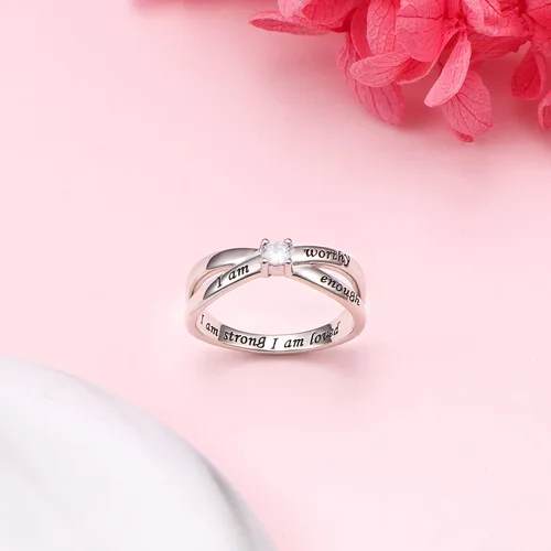 Vista 4 de DAOCHONG Anillo de Plata de Ley 925 "Soy Suficiente, Soy Digna, Soy Fuerte, Soy Amada" para Mujeres