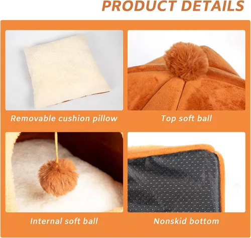 Vista 6 de Cama tipo cueva para gatos de interior, cama de tienda de campaña para gatos con almohada acolchada extraíble lavable, camas para gatitos 2 en 1