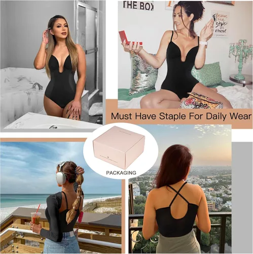 Vista 4 de Decorus Braga de espalda baja para mujer, con control de abdomen, cuello en V profundo, espalda descubierta, tanga de inmersión, brasier integrado