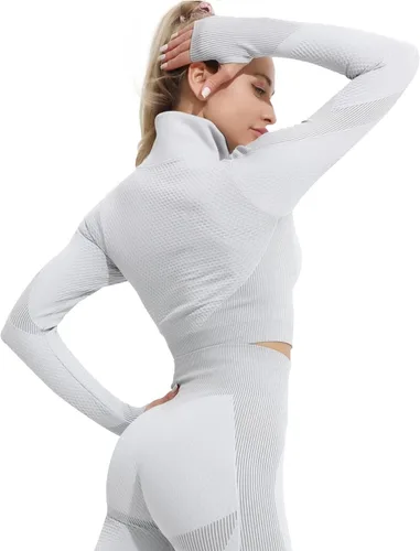 Vista 4 de Conjunto deportivo de 3 piezas para mujer, sin costuras, de manga corta, brasier deportivo, cintura alta, pantalones cortos de yoga, Gris-01