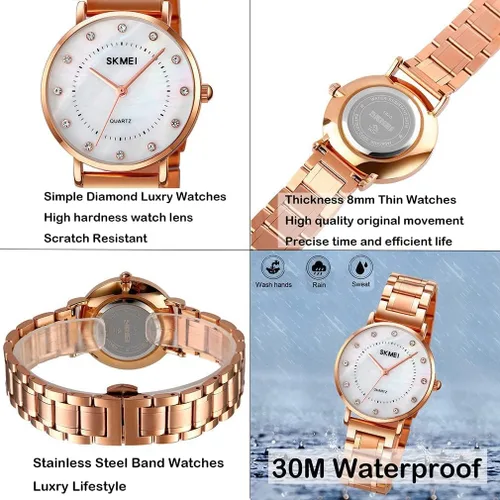 Vista 4 de SKMEI Women Watches Diamond Big Face Thin Slim Stainless Luxury Fashion Analog Quartz Waterproof Dress Casual Simple Ladies Female Rose Gold