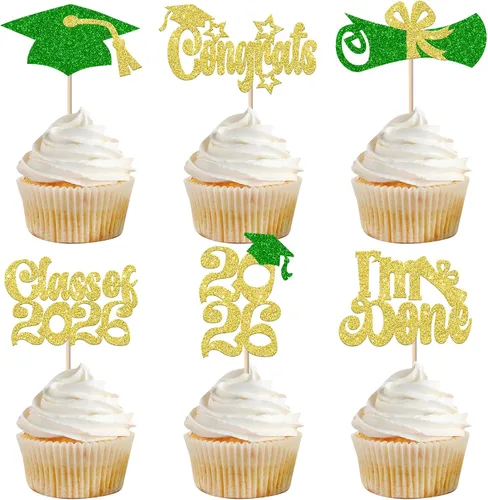 Vista 22 de Paquete de 24 adornos para cupcakes de graduación 2025 con purpurina I Am Done Diploma Felicidades Graduado Cap Cupcake Picks Class Of 2025