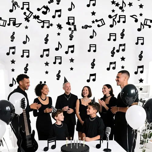 Vista 7 de Guirnalda colgante de estrella negra con notas musicales brillantes, decoración de techo para cumpleaños, baby shower, fiesta, concierto, boda