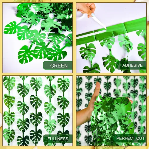 Vista 9 de Decoraciones tropicales para fiestas, paquete de 2 unidades de 3.3 x 6.6 pies, hojas de palmera tropicales verdes, cortina de flecos de hojas