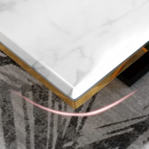 Vista 5 de LITFAD Mesa de mármol de estilo moderno con mesa blanca y base de caballete dorada, mesa de comedor rectangular con forma de mesa de restaurante