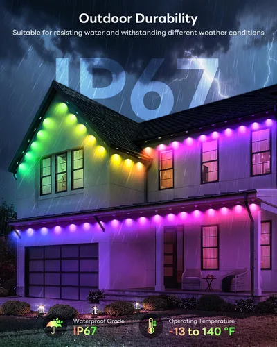 Vista 4 de Pak Luces exteriores permanentes, 50 pies de luces LED RGB+IC inteligentes para la casa - Luces de cornisa impermeables IP67 para Halloween, Navidad