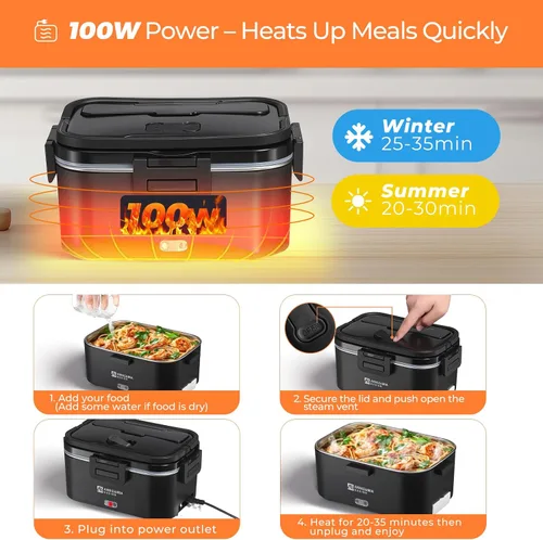 Vista 4 de Annie & Mia Design Fiambrera eléctrica para adultos, 100 W, 1.8 L, calentador de alimentos portátil para hombres, lonchera térmica para adultos
