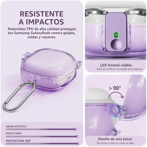 Vista 4 de Inesore - Funda para Samsung Galaxy Buds FE/Buds 2, Pro/Live (morado) Safety Lock Design Prevents Loss, Clear Anti-Yellow PC Shell, 3-in-1