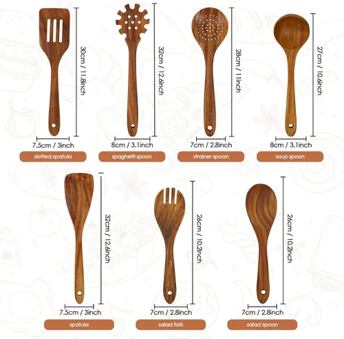 Vista 2 de comfoyar Juego de utensilios de cocina de madera, 7 cucharas de madera de teca natural para cocinar con espátula y cucharón, utensilios de cocina