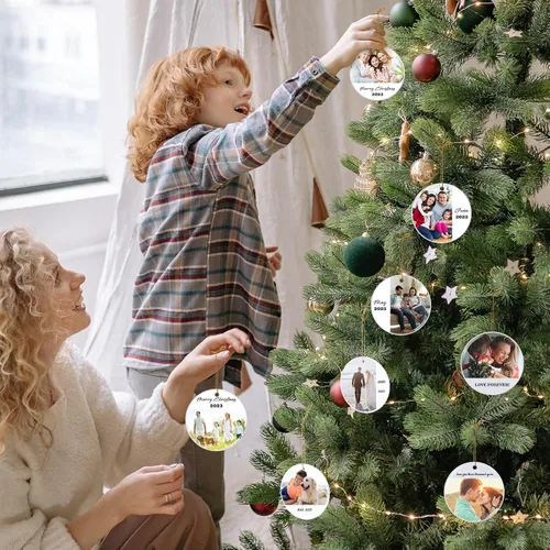 Vista 5 de Adornos de Navidad personalizados 2024, adorno colgante con texto fotográfico personalizado, regalo de recuerdo para decoraciones de árbol