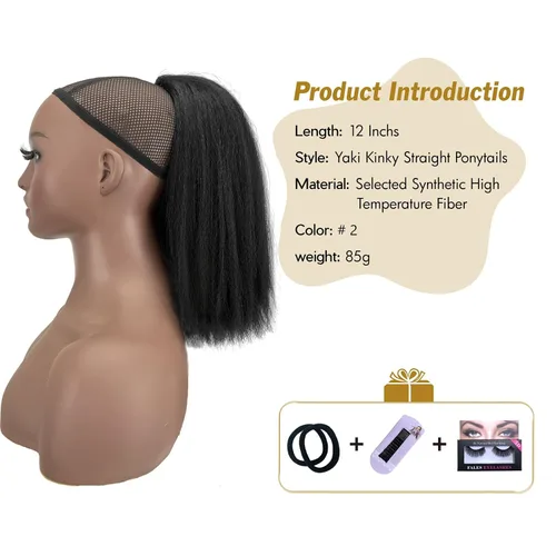 Vista 3 de Cola de caballo recta Yaki de 12 pulgadas con cordón para mujeres negras, sintética, gruesa, recta, longitud del hombro, extensión de cola