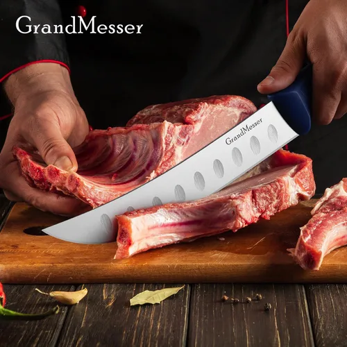 Vista 6 de Cuchillo de carnicero para cortar carne, cuchillo curvo con mango cómodo de 9 pulgadas, hoja de acero inoxidable alemán de alto carbono, cuchillo