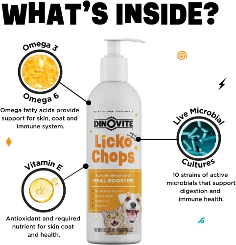 Vista 3 de Dinovite Lickochops - Suplemento para perros y gatos mejorado con omega-6, 3 ácidos grasos, probióticos y vitamina E, 16 onzas con bomba