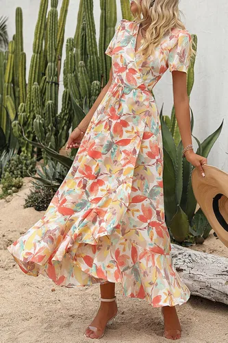Vista 8 de PRETTYGARDEN - Vestido largo de verano cruzado para mujer, con cuello en V, estilo bohemio, floral, manga corta, dobladillo con volantes