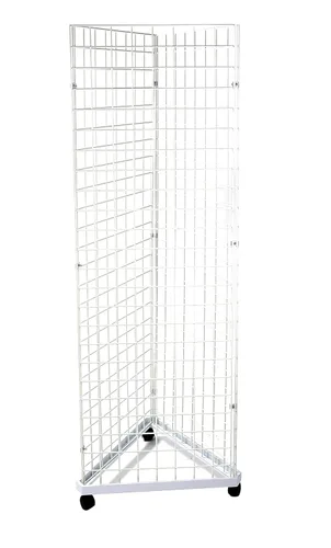 Vista 5 de Torre de rejilla de alambre triangular blanco con base y ruedas - Soporte de exhibición de pared de rejilla - Estante de exhibición de alambre móvil