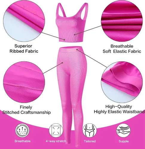 Vista 5 de Conjunto deportivo de 2 piezas para mujer, camiseta sin mangas de punto acanalado para yoga, leggings de cintura alta, conjuntos de ropa deportiva