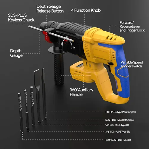 Vista 13 de SDS - Martillo giratorio inalámbrico compatible con batería Dewalt de 20 V, sin escobillas, taladro giratorio SDS para hormigón, mampostería