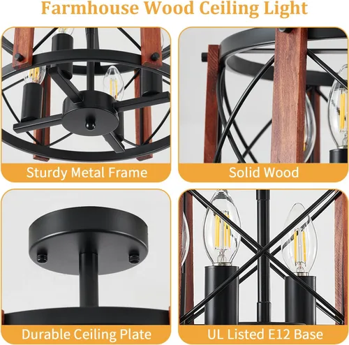 Vista 4 de Lámpara de techo semiempotrada rústica de 4 luces, 12.57 pulgadas, moderna, para entrada, pasillo, lámpara de cocina con tambor de madera de roble