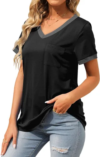 Vista 3 de Geifa Camisetas de manga corta con cuello en V para mujer, sueltas, casuales, de verano, con bolsillo