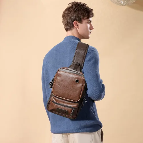 Vista 7 de AONETIGER Small Sling Crossbody Backpack Shoulder Bag Vintage PU Leather Daypack Rucksack with USB Charger bag for Men
