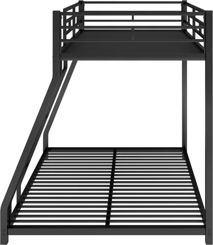Vista 4 de Litera de metal individual sobre tamaño matrimonial con barandilla de seguridad y escalera para niños y adultos, literas de suelo, marco de cama