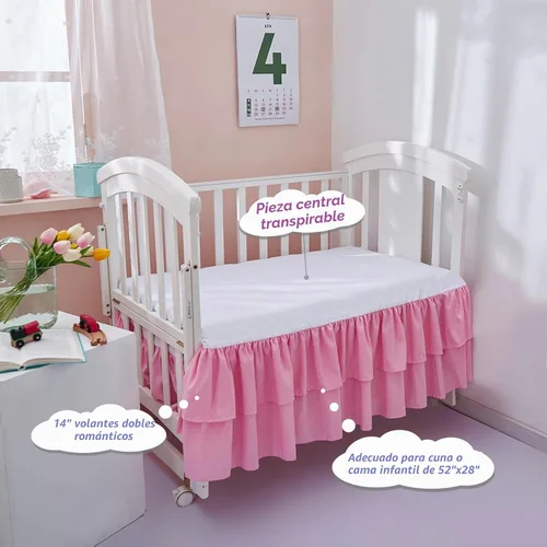 Vista 2 de JSD Falda de cama rosa para cuna de 14 pulgadas, caída profunda, con volantes de doble capa, de microfibra, para guardería, para bebés y niñas Rosa