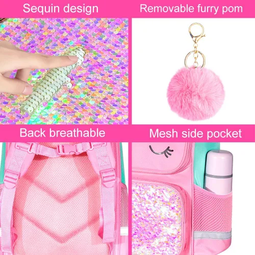 Vista 4 de KLFVB Mochila de 3 piezas para niñas y niños, bolsa de libros de dinosaurio de unicornio de 15 pulgadas con lonchera, bolsa escolar preescolar