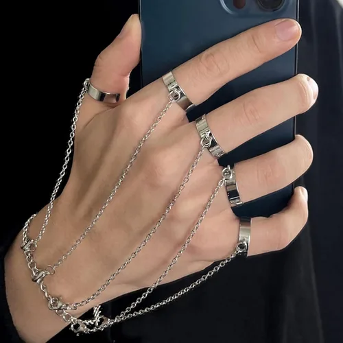 Vista 2 de Long tiantian Pulsera de cadena para dedo, pulsera punk con borla de cadena en capas con anillo de dedo, garras de dedo, brazalete de brazo, joyería