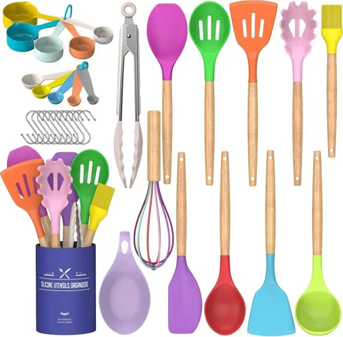 Vista 12 de Umite Chef Juego de utensilios de cocina de cocina, 33 piezas de espátula de cocina de silicona antiadherente con soporte, mango de madera, juego