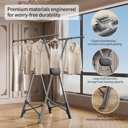 Vista 5 de BIREN Estante de secado de ropa resistente, estante plegable para ropa sucia, dos modos de secado, estantes para secar ropa, longitud ajustable