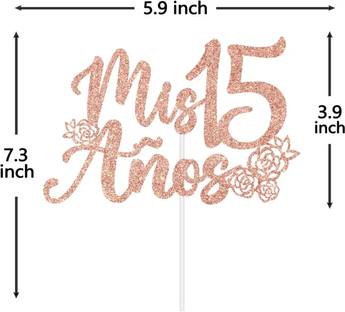 Vista 6 de Decoración para tartas Mis 15 años con purpurina de oro rosa, feliz 15 años, feliz 15 años, decoración de fiesta de cumpleaños con temática