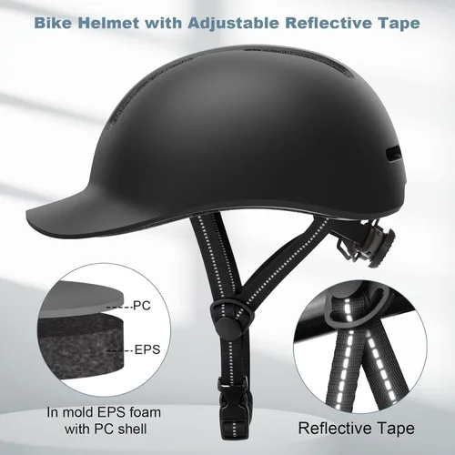 Vista 2 de Shinmax Casco de bicicleta – Casco de ciclismo ligero ajustable estilo gorra de béisbol con visera larga, tira reflectante, para viajes urbanos