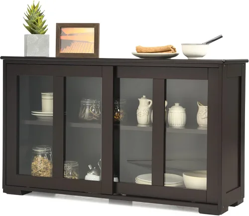 Vista 10 de LOKO Armario apilable para bufé, armario de almacenamiento de cocina con puertas corredizas de vidrio templado, pequeño aparador para cocina, Negro