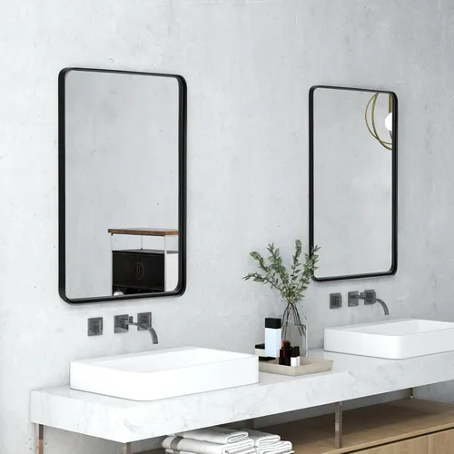 Vista 3 de Tangkula Espejo de baño de 36 x 24 pulgadas para pared, espejo moderno rectangular con marco de acero sólido y esquinas redondeadas, espejo