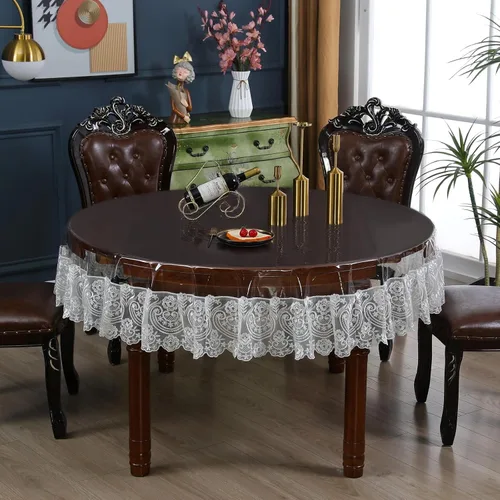Vista 12 de Mantel rectangular de plástico transparente de vinilo impermeable, borde de encaje bordado, mantel transparente para comedor, cocina al aire libre