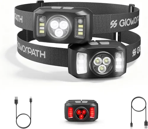 Vista 10 de Linterna frontal LED recargable, linterna súper brillante con luz roja Motion sensor head lights for forehead, 5 modes, lightweight & waterproof