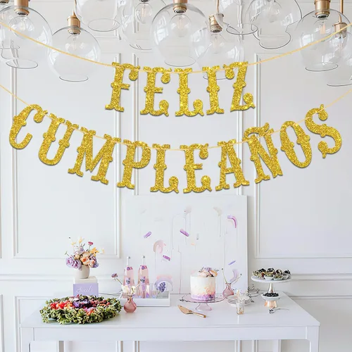 Vista 5 de Cartel de Feliz Cumpleaños con purpurina dorada – Cartel español de feliz cumpleaños, decoración de fiesta mexicana temática de fiesta de cumpleaños